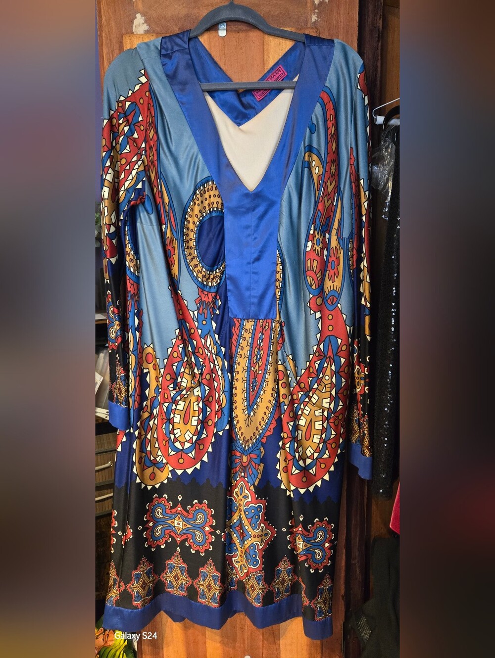 Melissa Masse Blue, Red & Gold Printed Long Sleeve Maxi Dress